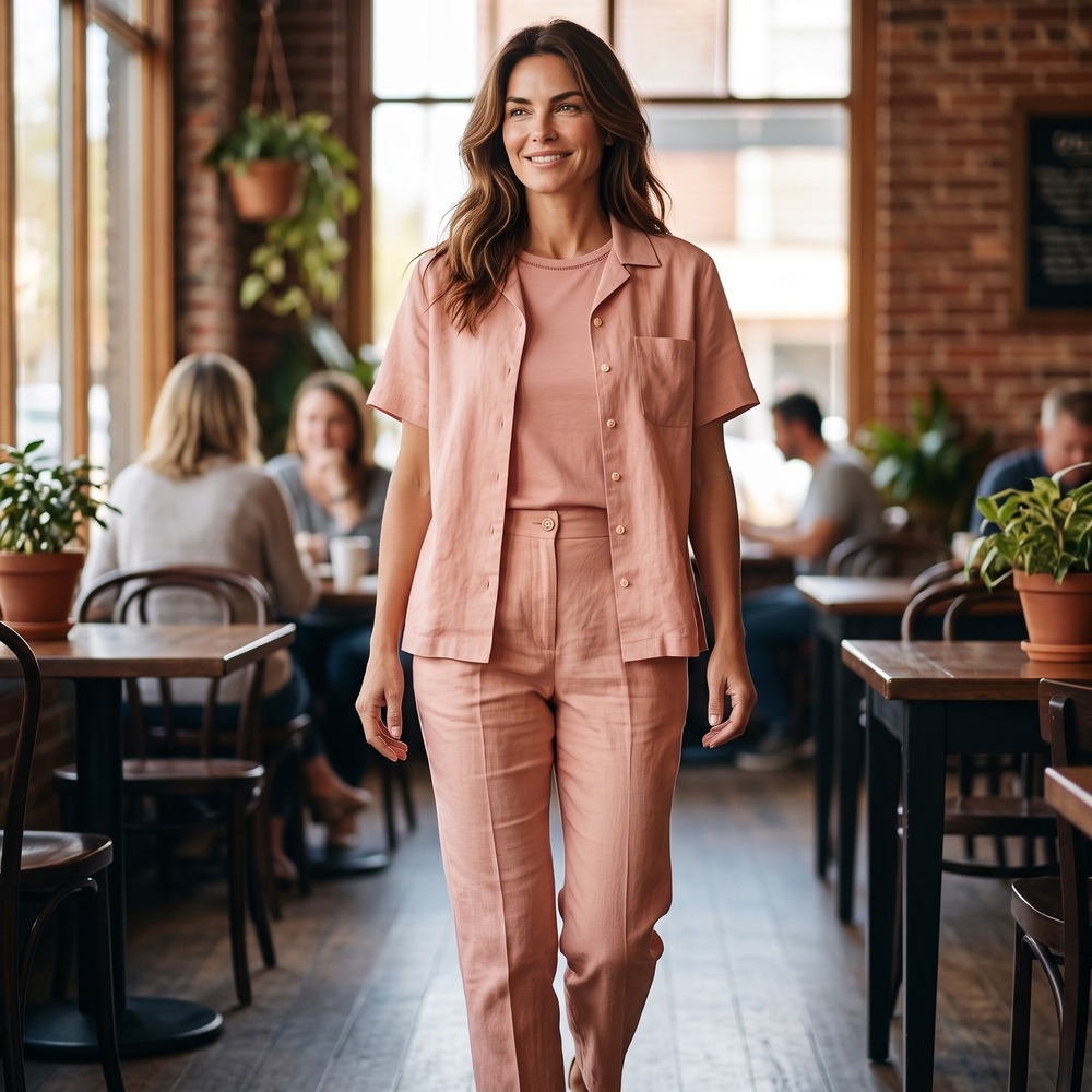 Jones New York Sport 3 Piece Linen Cotton Set Peach Shirt Pants Knit Top M L 12P